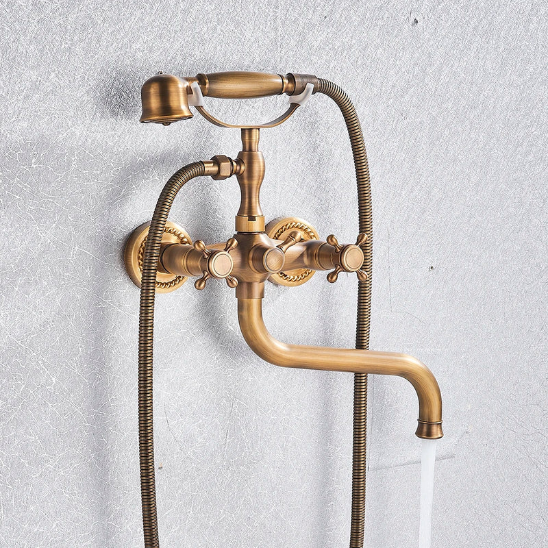 Robinet Baignoire Mural Laiton Vieilli Bec Long 24 cm avec Douchette