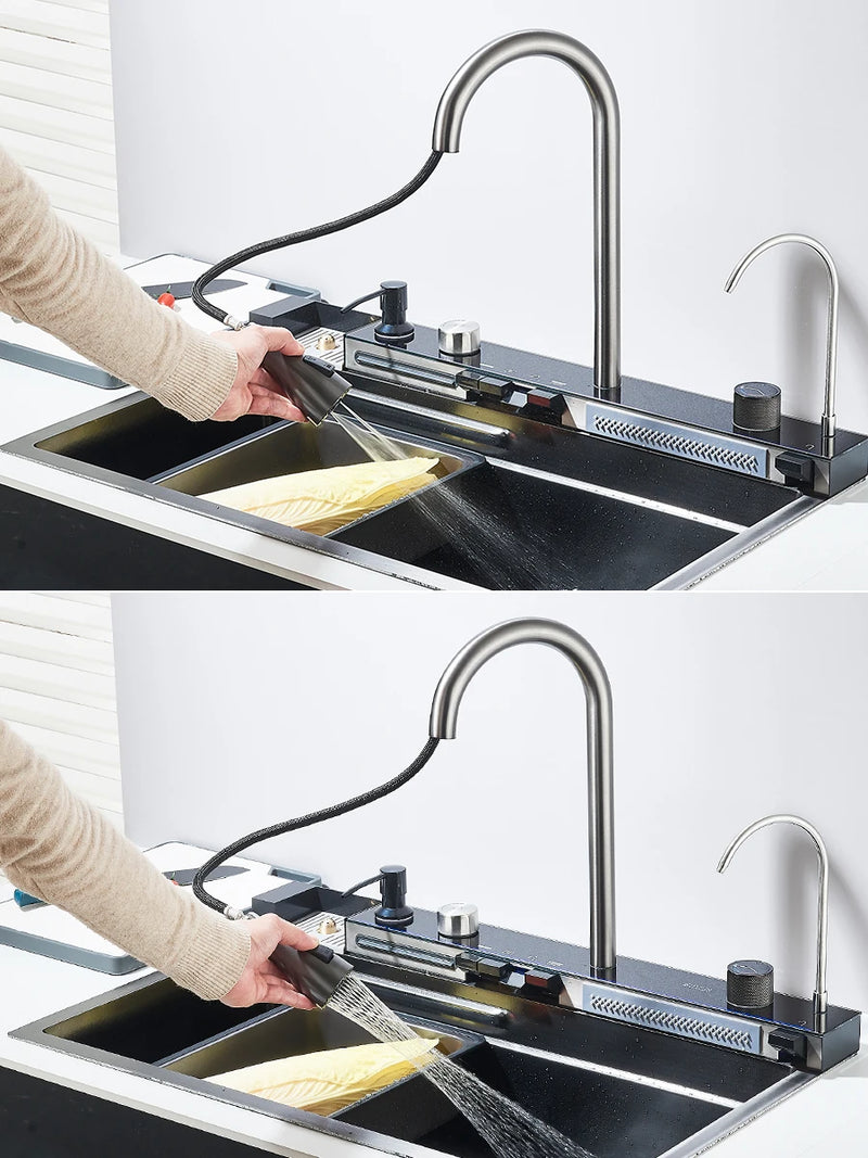 Évier de Cuisine Cascade Inox 304 avec Robinets, Lave-Verre et Afficheur