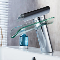 Mitigeur Lavabo Cascade Verre Chromé, Noir ou Nickel, Bec Court ou Haut