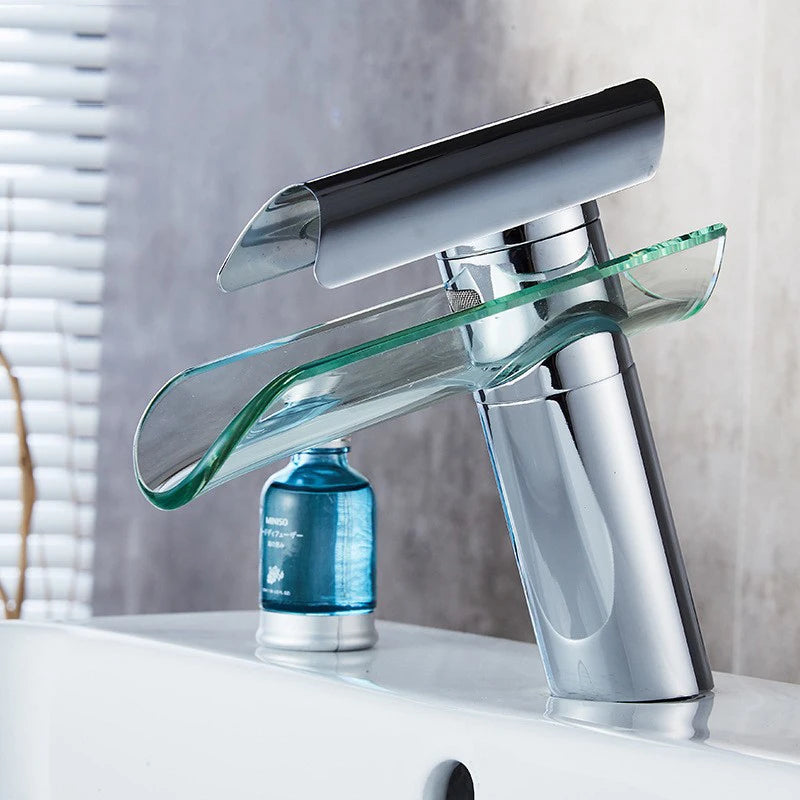 Mitigeur Lavabo Cascade Verre Chromé, Noir ou Nickel, Bec Court ou Haut