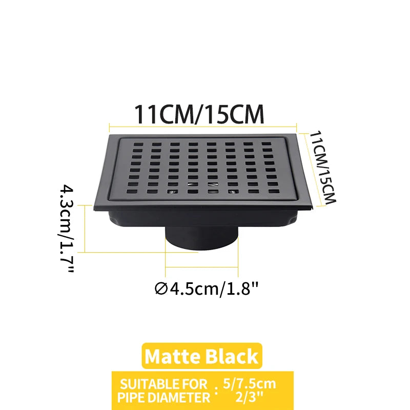Caniveau de Douche Carré Anti-Odeur Inox 304, Grille 11 ou 15 cm