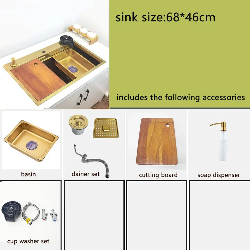Évier Cuisine Inox 304 Doré Brossé 1 Bac Multifonction, 68 ou 75 cm