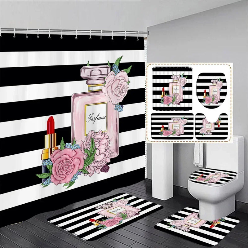 Rideau de Douche Flacon Parfum 180x180 cm et Tapis à la Pièce
