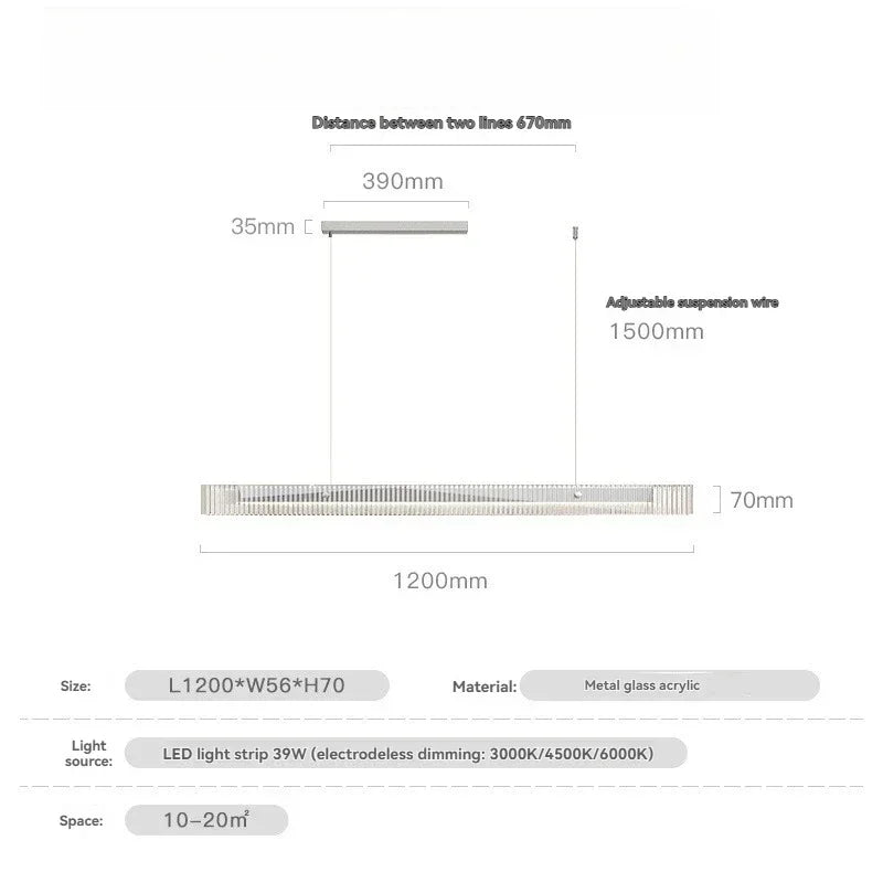 Suspension Cuisine Linéaire LED Verre Cannelé, 3 Finitions, 100 à 140 cm
