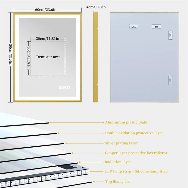 Miroir LED Salle de Bain Cadre Doré Anti-Buée Tactile, 80 à 120 cm