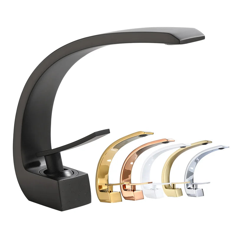 Mitigeur Lavabo Design Courbé Aluminium, Noir, Blanc, Chromé ou Doré Brillant