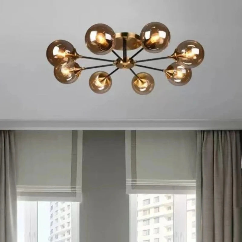 Plafonnier Cuisine Design à Globes en Verre 3 à 10 Lampes, Doré