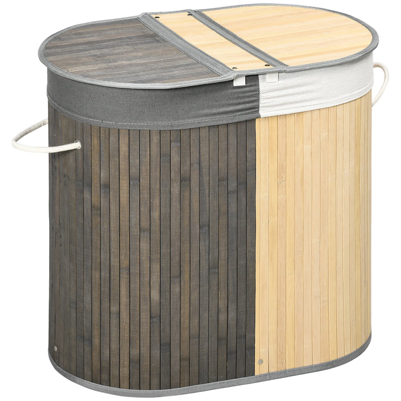 Panier à Linge Bambou 2 Compartiments avec Couvercles, 100 L, Gris et Bois
