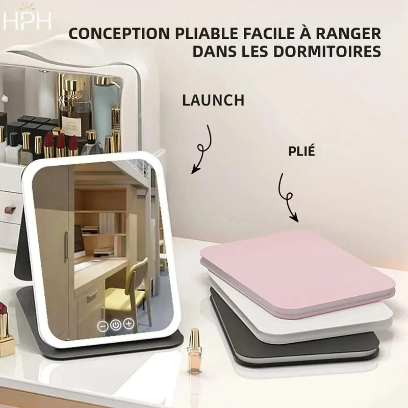 Miroir de Maquillage LED Tactile Pliant, Rose ou Blanc, 2 Tailles