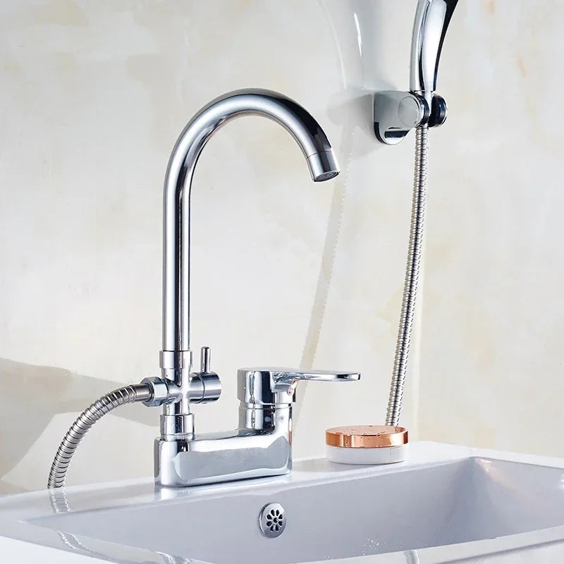 Mitigeur Lavabo Chromé 2 Trous avec Sortie Douchette, Col de Cygne ou Bec Orientable