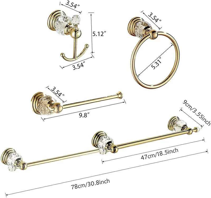 Accessoires Salle de Bain Doré Laiton et Cristal à la Pièce, 4 Articles