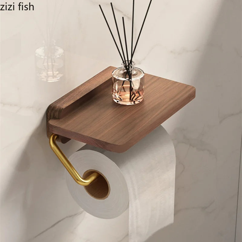 Porte-Papier Toilette Mural en Bois avec Tablette Doré
