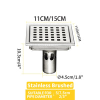 Caniveau de Douche Carré Anti-Odeur Inox 304, Grille 11 ou 15 cm