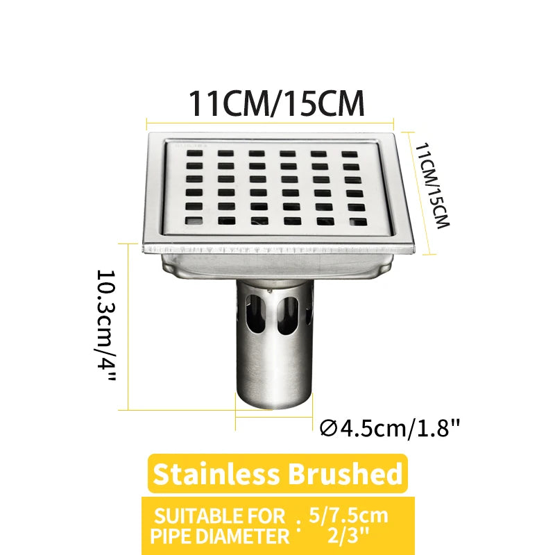 Caniveau de Douche Carré Anti-Odeur Inox 304, Grille 11 ou 15 cm