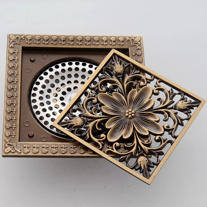 Bonde de Douche Carrée Laiton Vieilli Motifs Ciselés 12 cm
