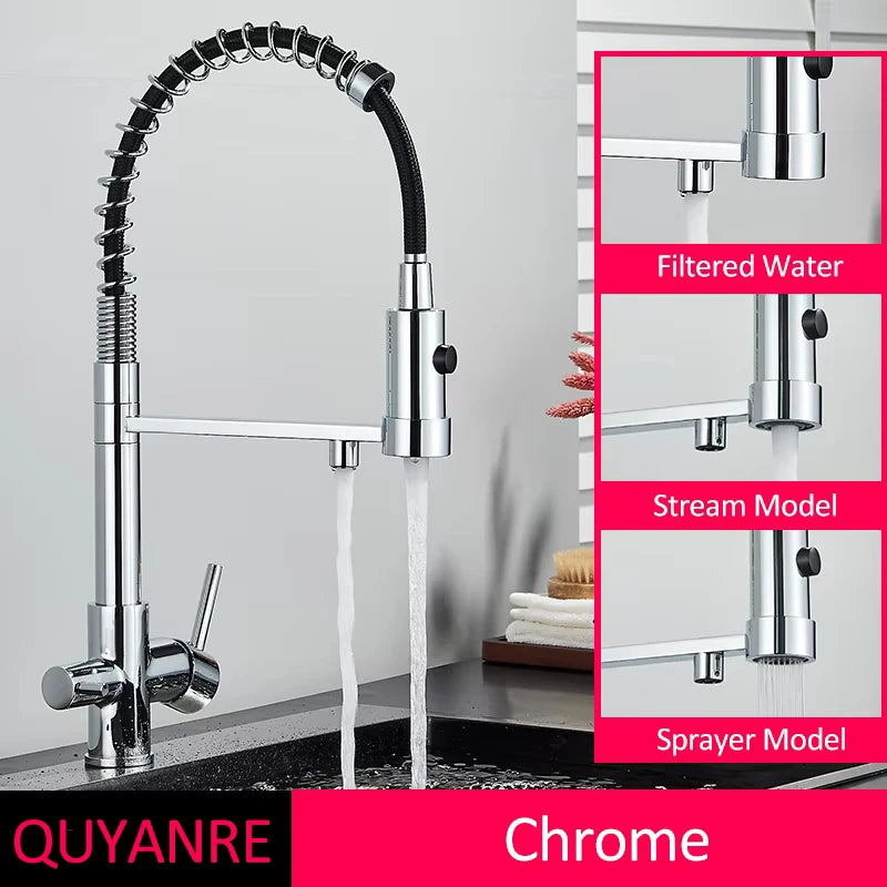 Mitigeur Cuisine 3 Voies à Ressort avec Douchette Extractible et Eau Filtrée