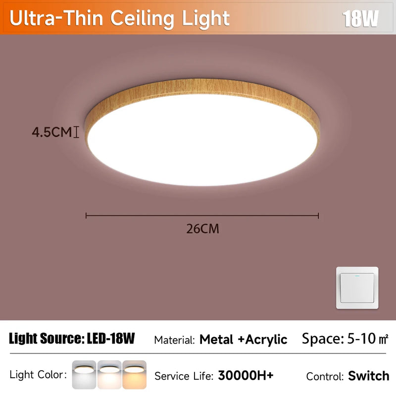 Plafonnier Cuisine LED Rond Grain de Bois Ultra-Plat, 18 à 50 W, 4 Finitions