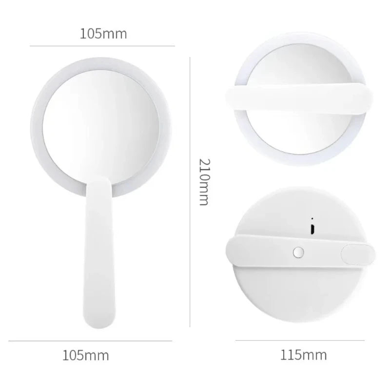 Miroir de Poche LED Rechargeable USB à Poignée Rotative, Rose ou Blanc