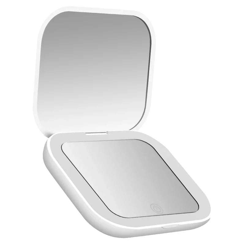 Miroir de Poche LED Carré Pliant Rechargeable USB-C 2x, Rose ou Blanc