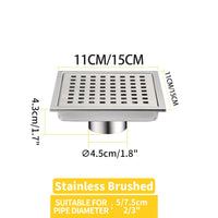 Caniveau de Douche Carré Anti-Odeur Inox 304, Grille 11 ou 15 cm