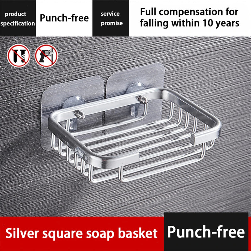 Porte-Savon Mural Panier Aluminium Noir ou Argent Sans Perçage, 13 x 9 cm