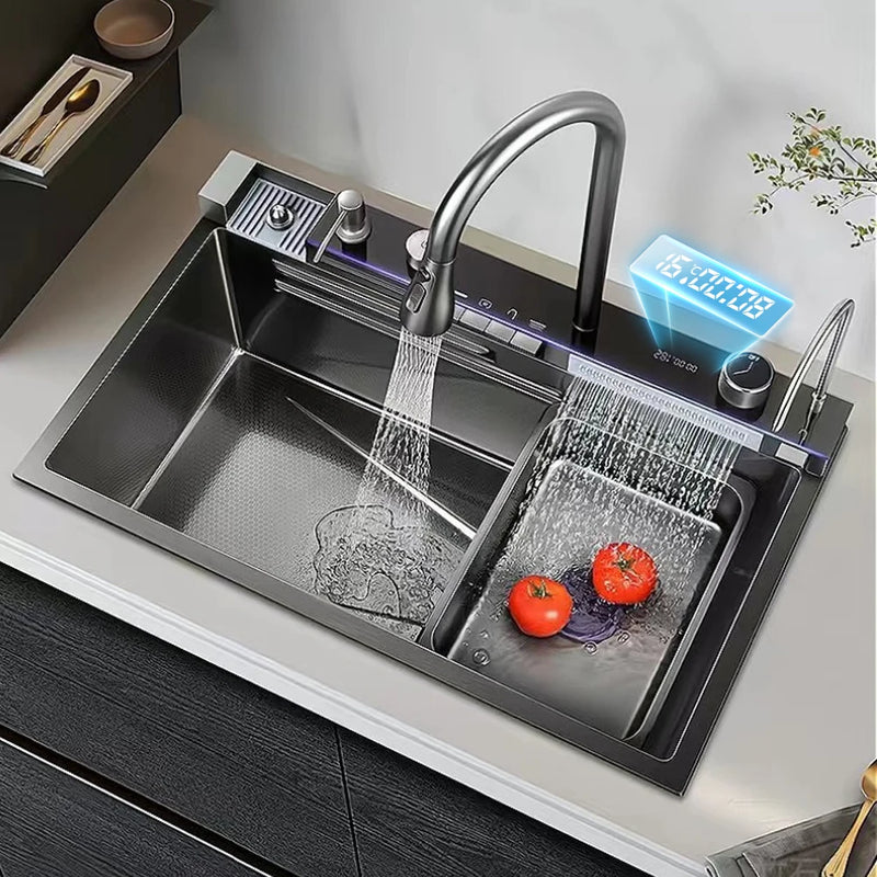 Évier de Cuisine Cascade Inox 304 avec Robinets, Lave-Verre et Afficheur