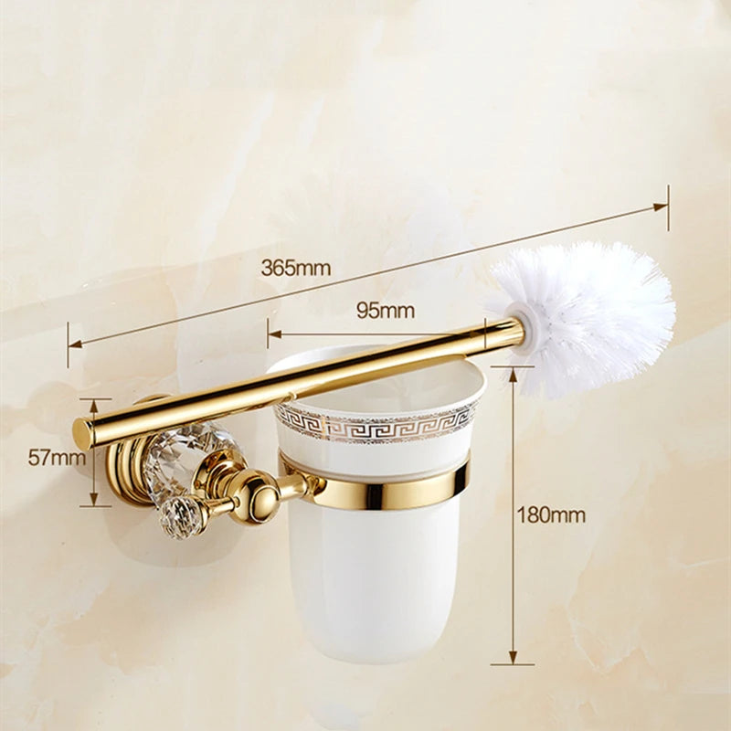 Porte-Brosse WC Mural Doré ou Chromé, Coupelle Céramique et Brosse