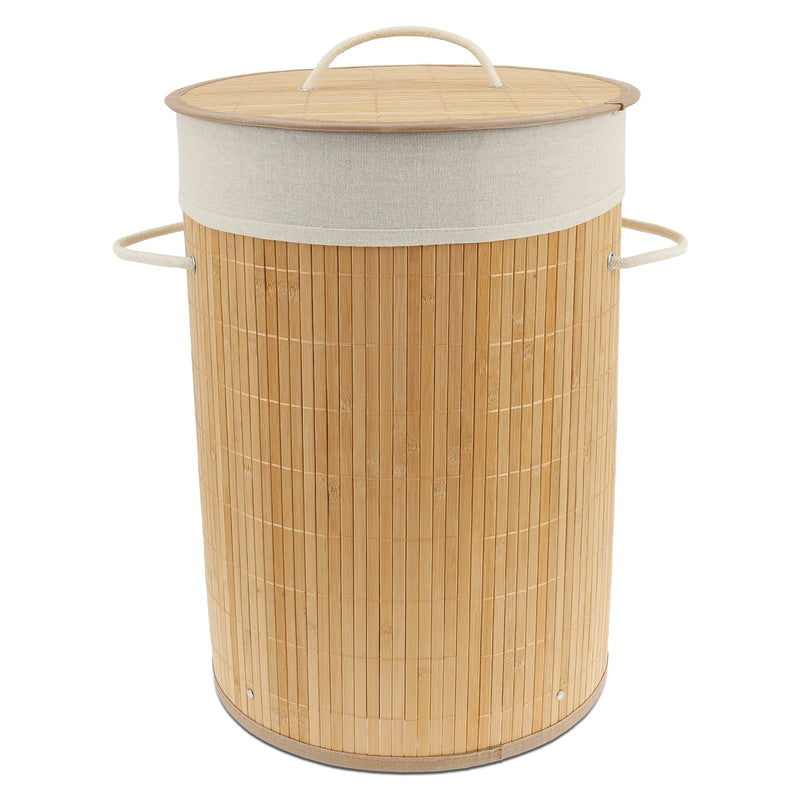 Panier à Linge Rond en Bambou avec Couvercle et Doublure Amovible, 50 cm