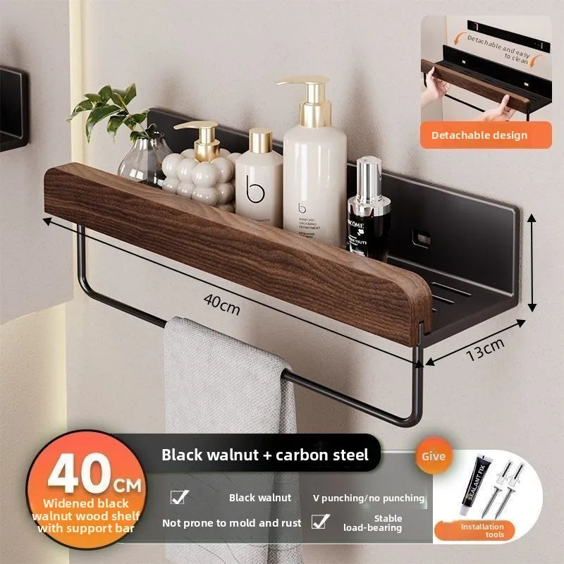 Étagère Salle de Bain Noyer Foncé avec ou sans Barre Porte-Serviette, 30 à 60 cm