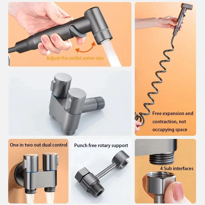 Douchette WC Valve Double Commande et Flexible Spiralé Extensible 2 m