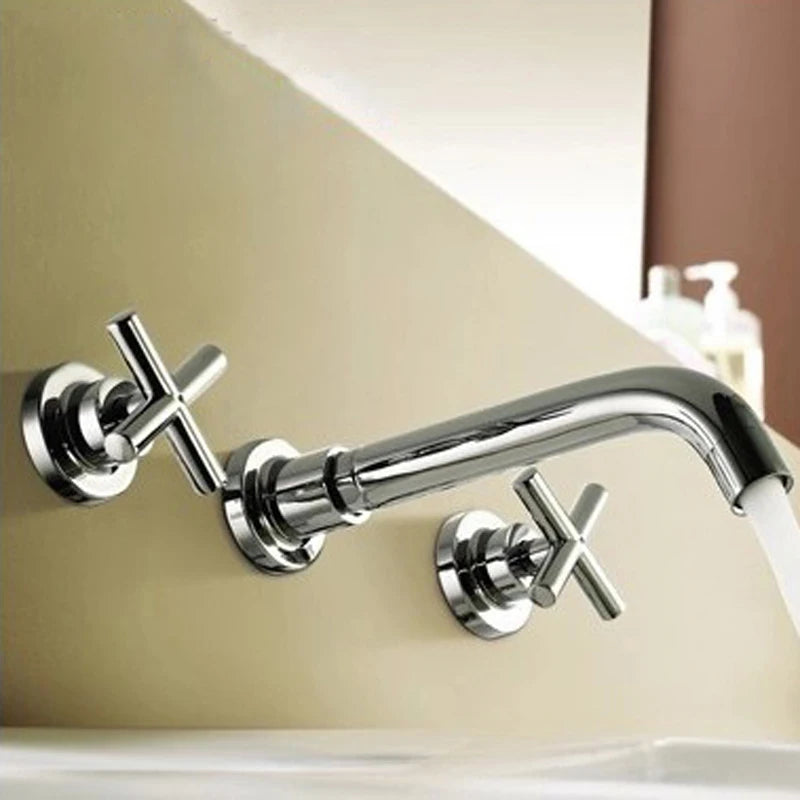 Robinet Mural Lavabo en Laiton à Croisillons, Chromé, Noir ou Doré
