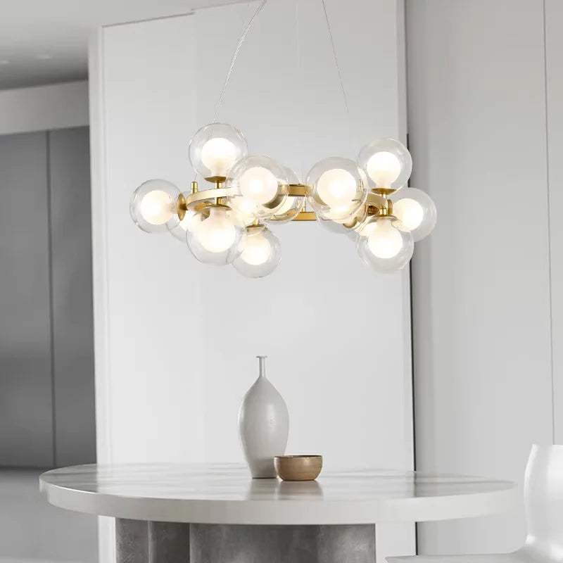 Lustre Suspension Cuisine Bulles de Verre, Cercle Doré, 15 à 25 Globes