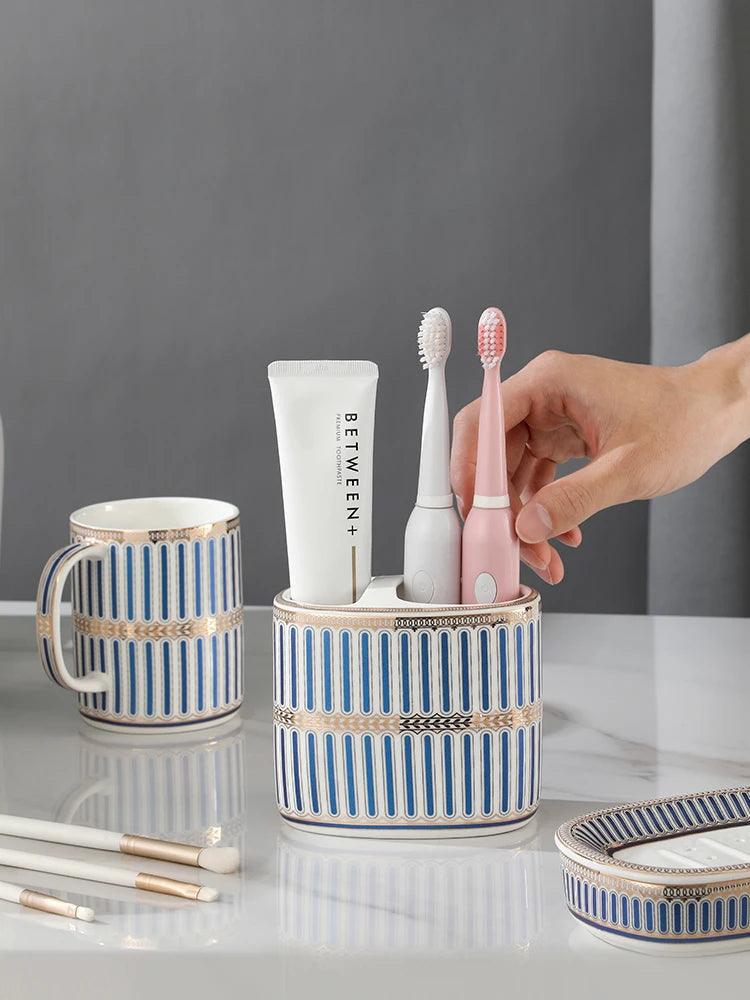 Porte-Brosse à Dents et Dentifrice Céramique Ovale, 4 Décors, 11 cm