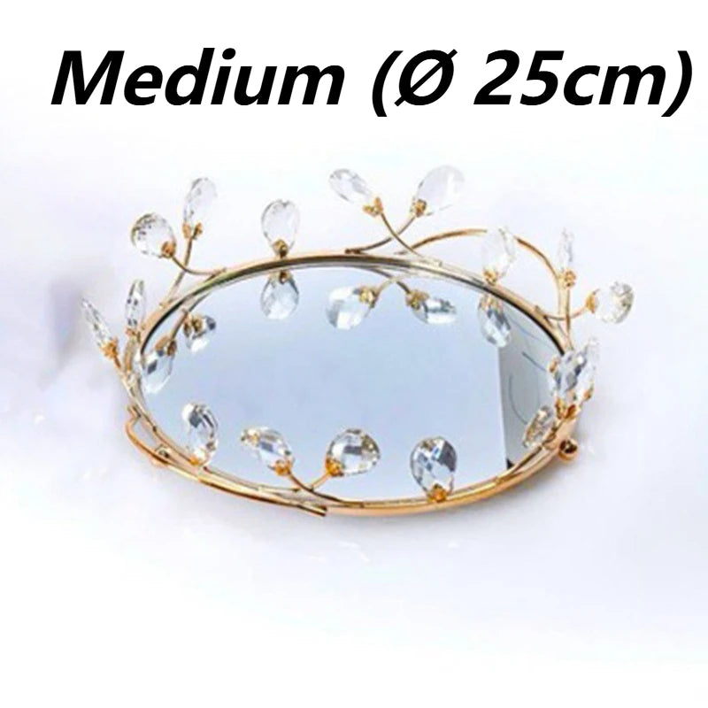 Plateau Miroir Rond Doré avec Pendeloques Transparentes 25 ou 30 cm