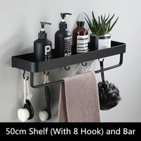 Étagère de Salle de Bain d'Angle Noire avec Barre à Crochets