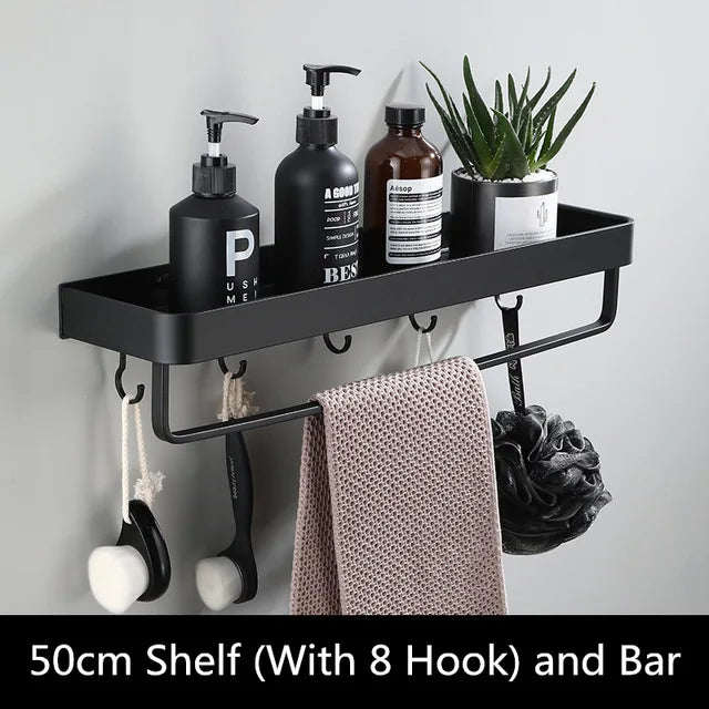 Étagère de Salle de Bain d'Angle Noire avec Barre à Crochets