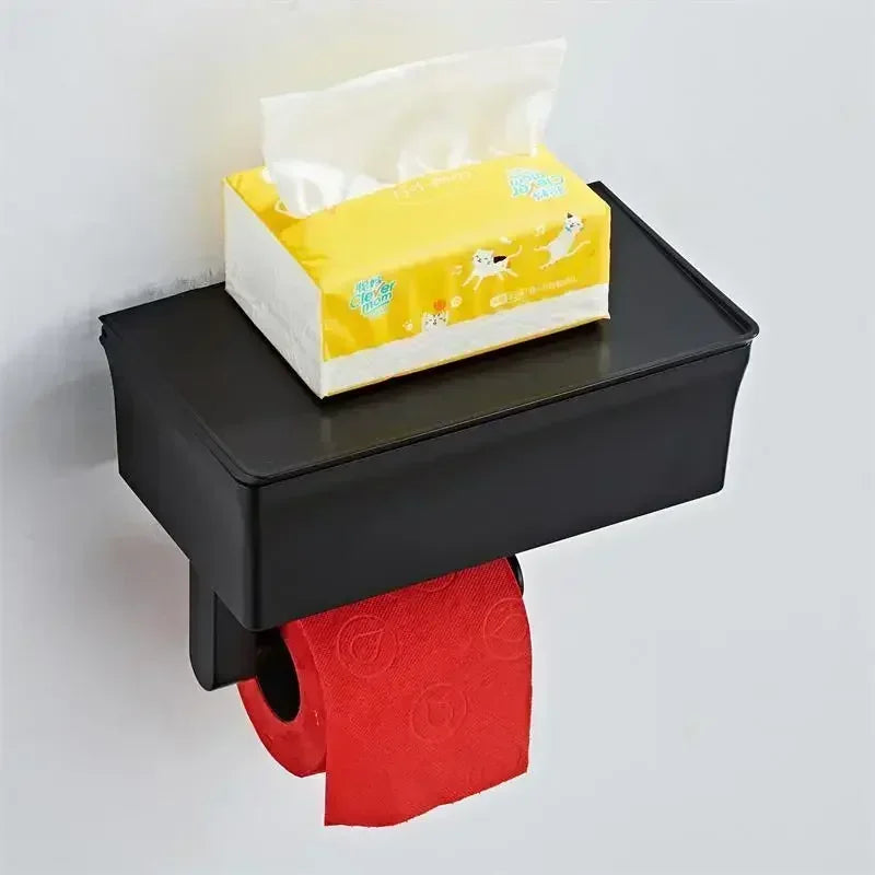 Porte-Papier Toilette Adhésif avec Boîte de Rangement et Tablette, Noir ou Blanc
