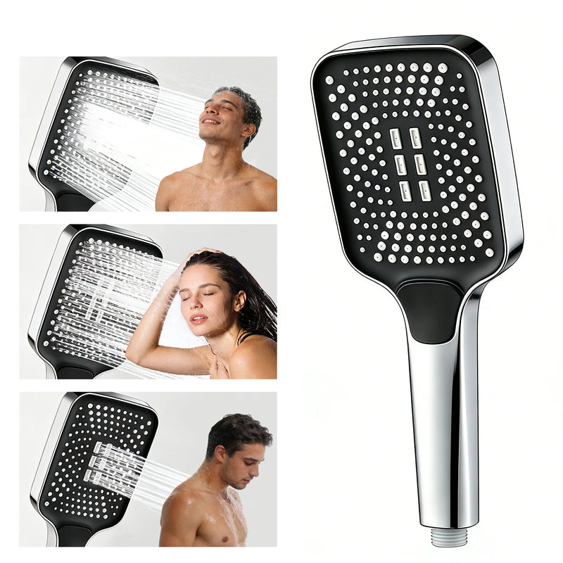 Pommeau de Douche à Main Carré Noir et Chromé 3 Modes, Économie d'Eau