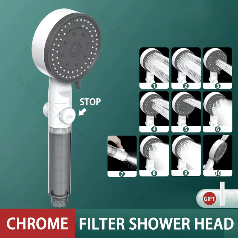 Pommeau de Douche Filtrant 10 Modes Haute Pression avec Bouton Stop