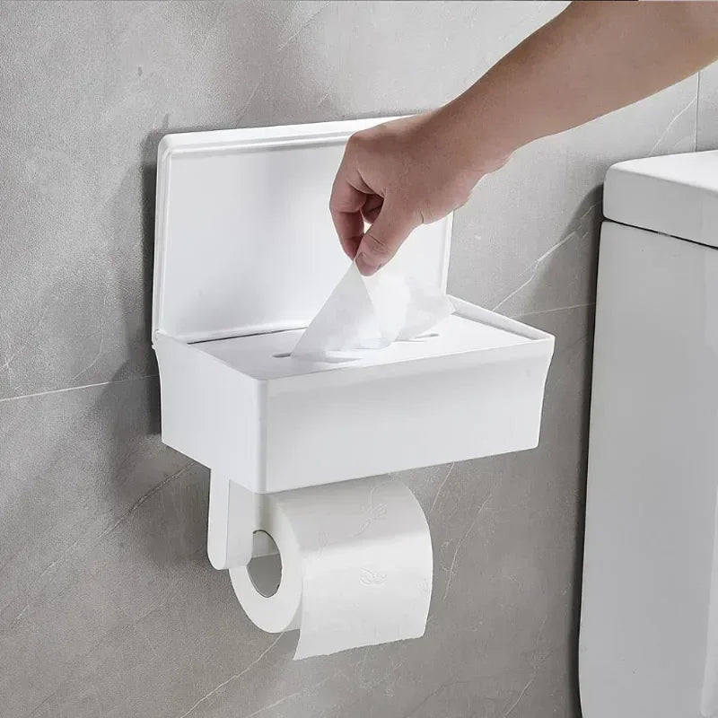 Porte-Papier Toilette Adhésif avec Boîte de Rangement et Tablette, Noir ou Blanc