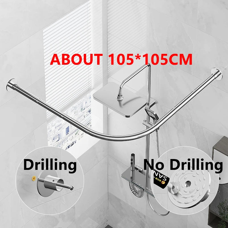 Barre Rideau de Douche d'Angle Inox Chromé, 80 à 130 cm