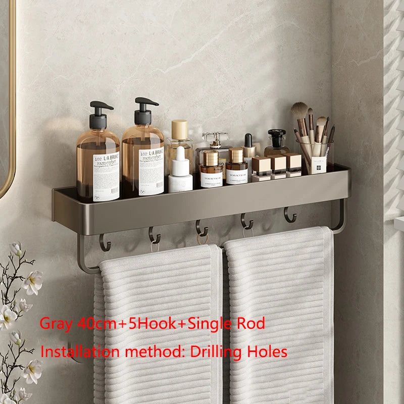Étagère Salle de Bain Murale Aluminium Noir ou Gris, 30 ou 40 cm