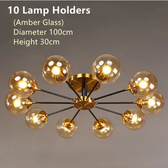 Plafonnier Cuisine Design à Globes en Verre 3 à 10 Lampes, Doré