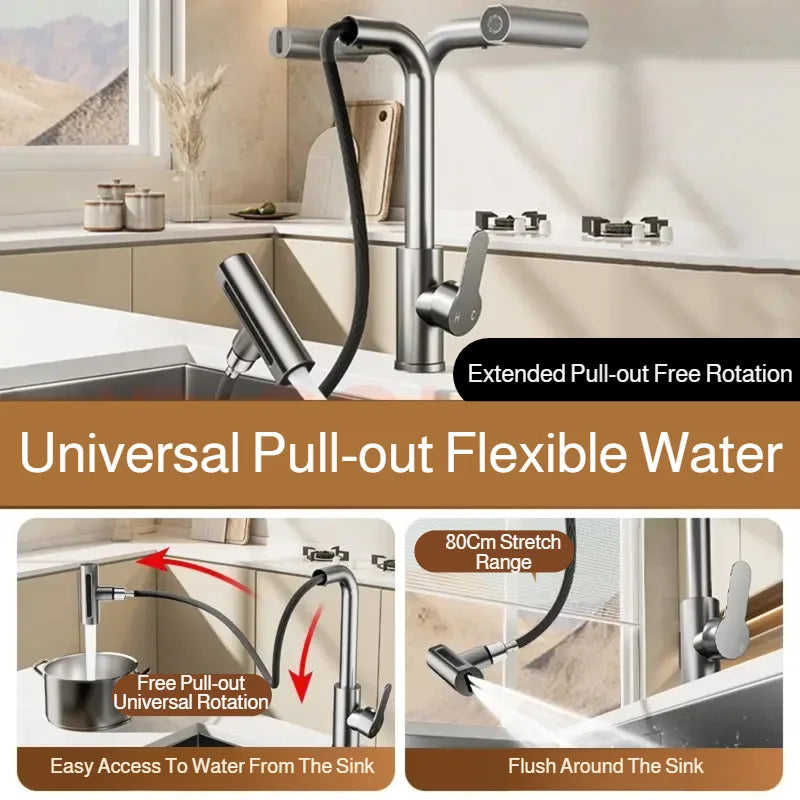 Mitigeur Cuisine Extractible Cascade Inox, 3 ou 4 Modes de Jet