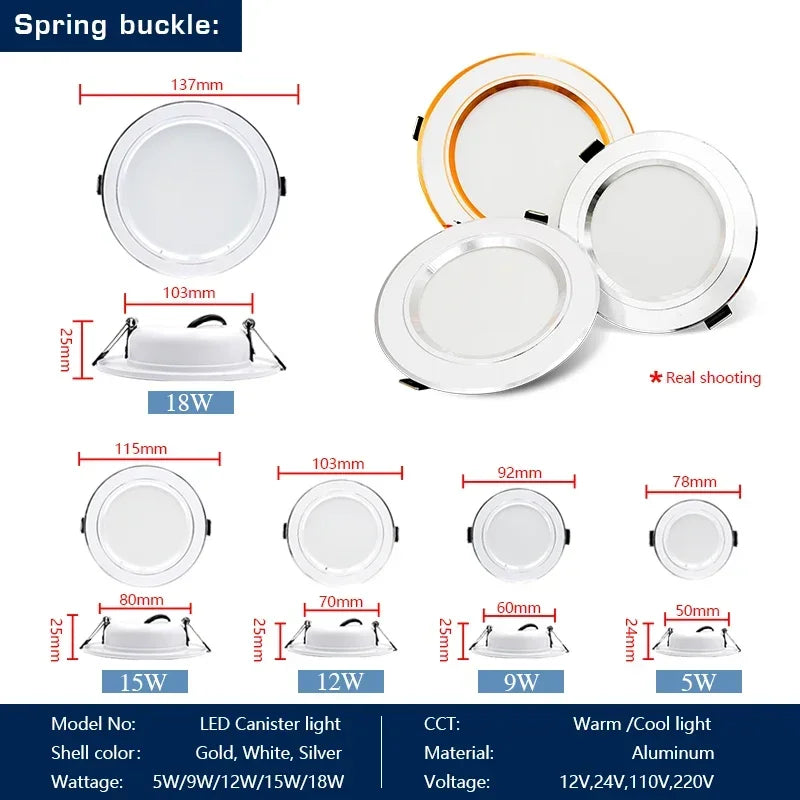 Spot LED Encastrable Cuisine Rond Blanc, Doré ou Argent, 5 à 18 W