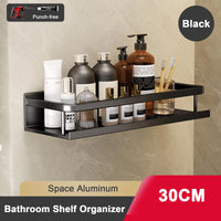 Étagère Salle de Bain Aluminium Sans Perçage Noir ou Gris avec Crochets, 30 à 50 cm