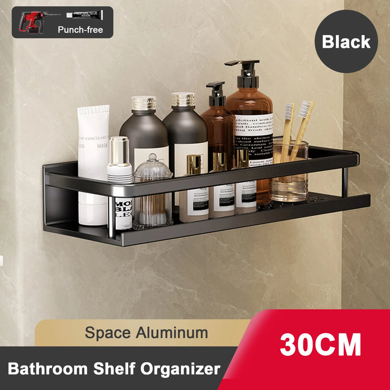 Étagère Salle de Bain Aluminium Sans Perçage Noir ou Gris avec Crochets, 30 à 50 cm