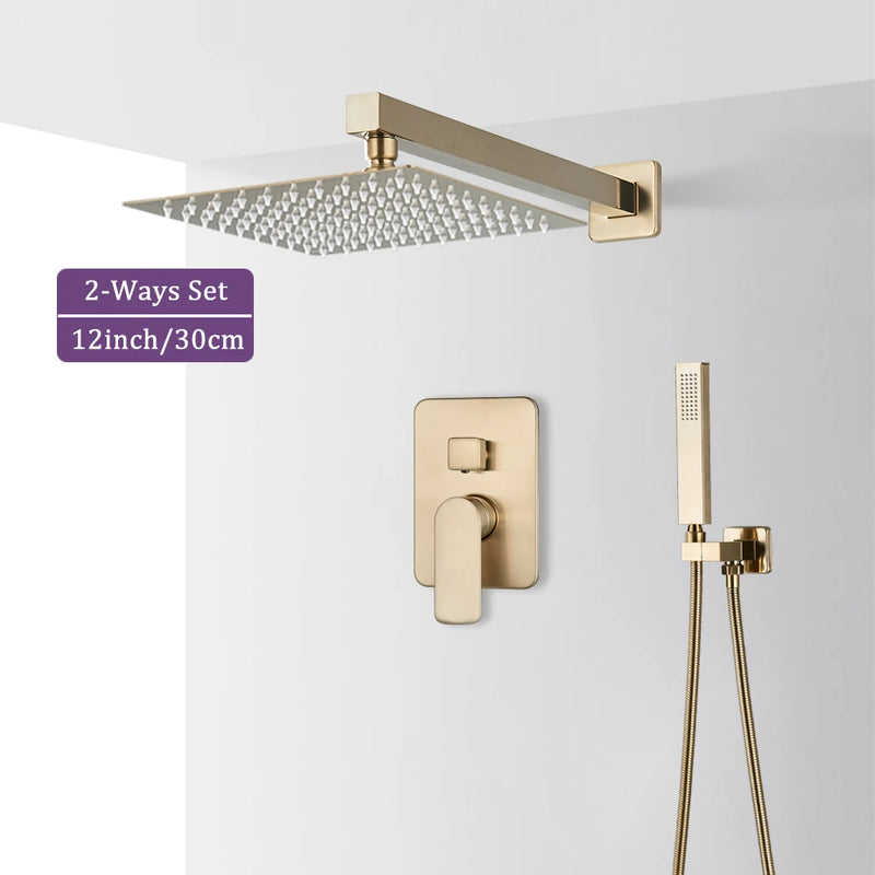 Douche Encastrable Or Brossé 2 ou 3 Voies, Pommeau Carré 20 à 40 cm