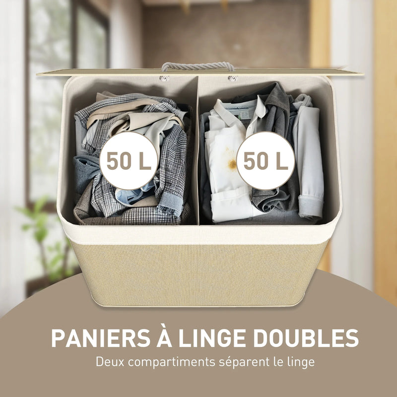 Panier à Linge Double Compartiment Bambou 100 L Crème