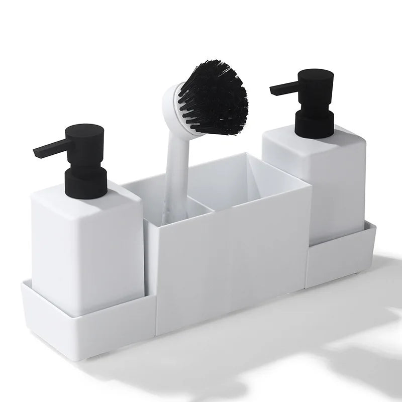 Distributeur de Savon Cuisine Double avec Plateau, Porte-Éponge et Brosse